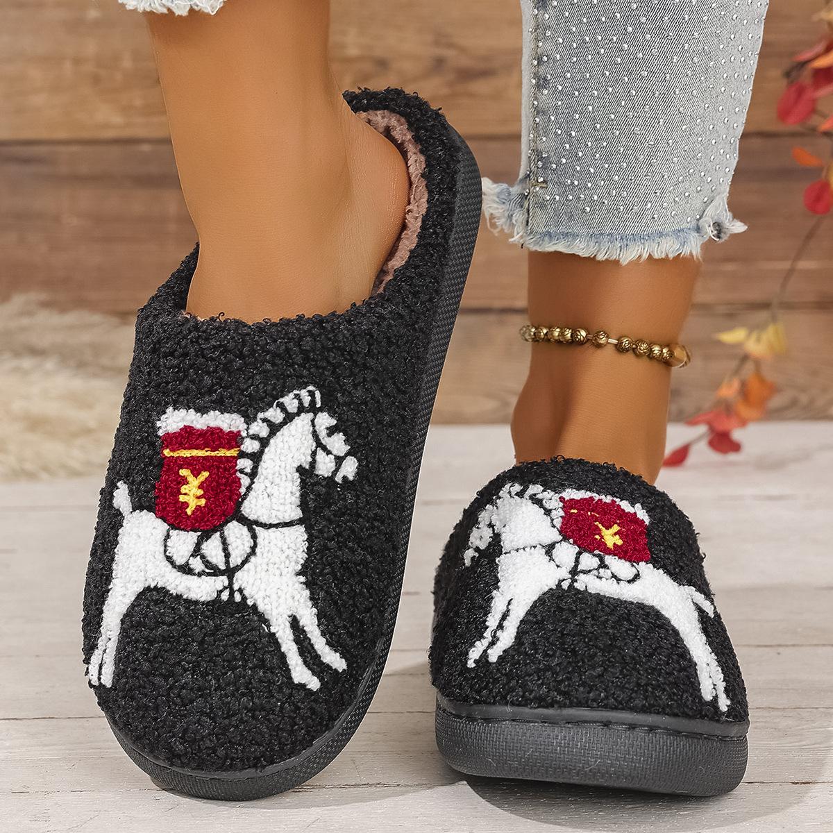 

Модные плюшевые домашние тапочки на толстой подошве, удобные плюшевые хлопковые тапочки с вышивкой в виде животного, милые теплые нескользящие комнатные тапочки 44-45