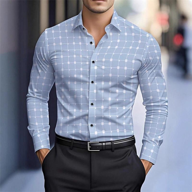 Men's Stylish Geometric Square Print Long-sleeved Shirt, Slim Fit Business Casual Shirt