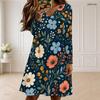Women Plus Size V Neck Long Sleeve Floral Printed Dark Blue Dress