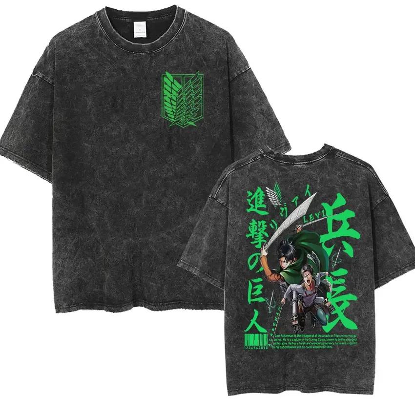 Anime Attack Titan Retro Wash Bedrucktes T-Shirt Mikasa Ackerman Eren Jaeger Freie Flügel Muster Herren Sommer T-Shirt