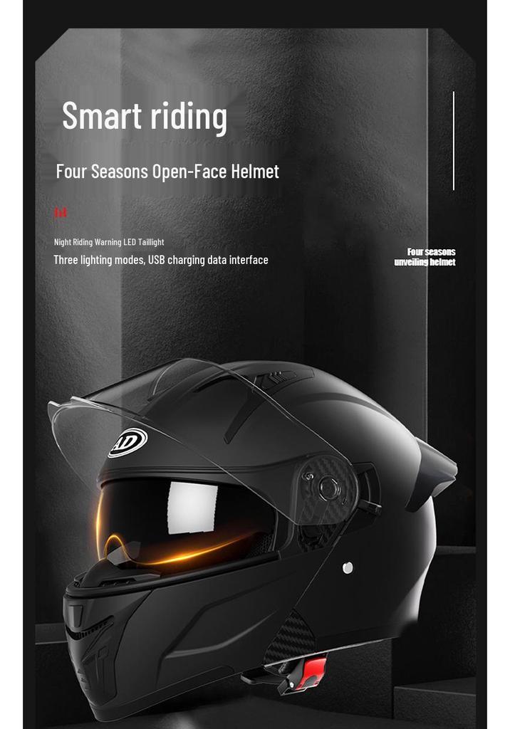 AD Unisex Full Face Motorcycle Helmet with LED Taillight, All-Season, 3C/DOT Certified, Flip-Up Design