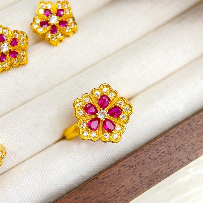 electroplated zircon flower opening ring light luxury retro court style index finger ring niche design ring