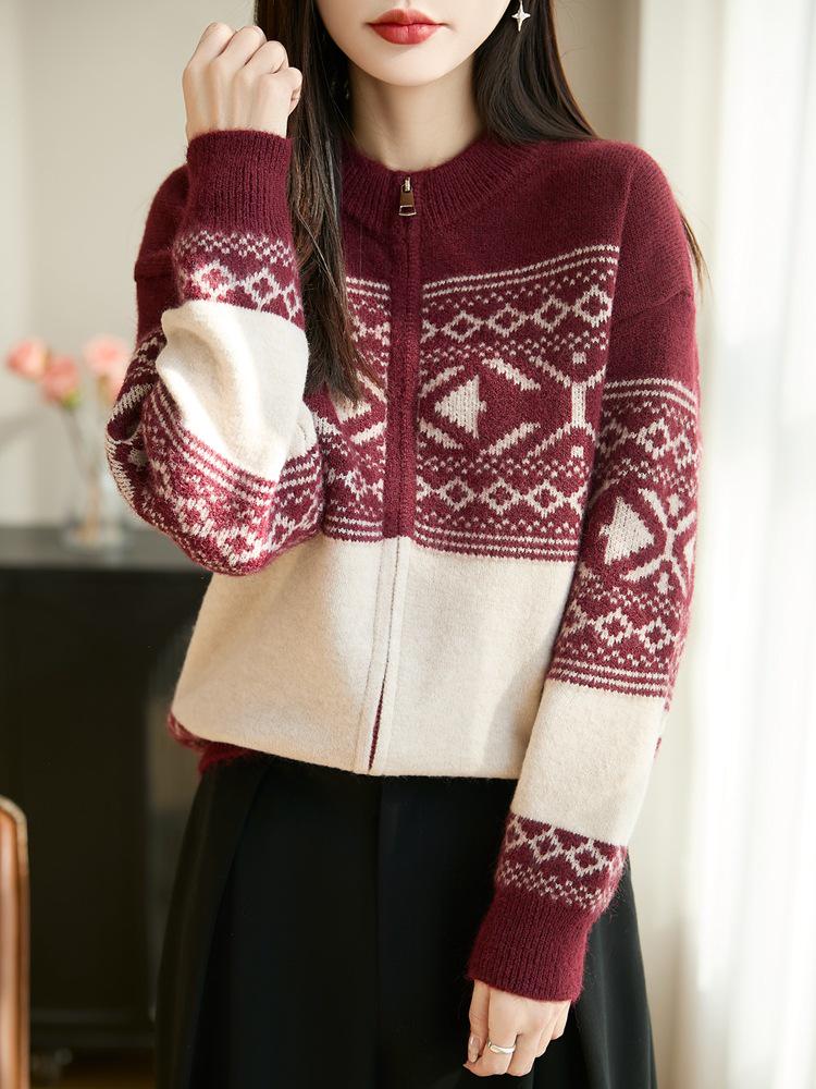 Autumn/Winter Fair Isle Color Block Jacquard Velvet Cardigan Sweater with Double Zipper