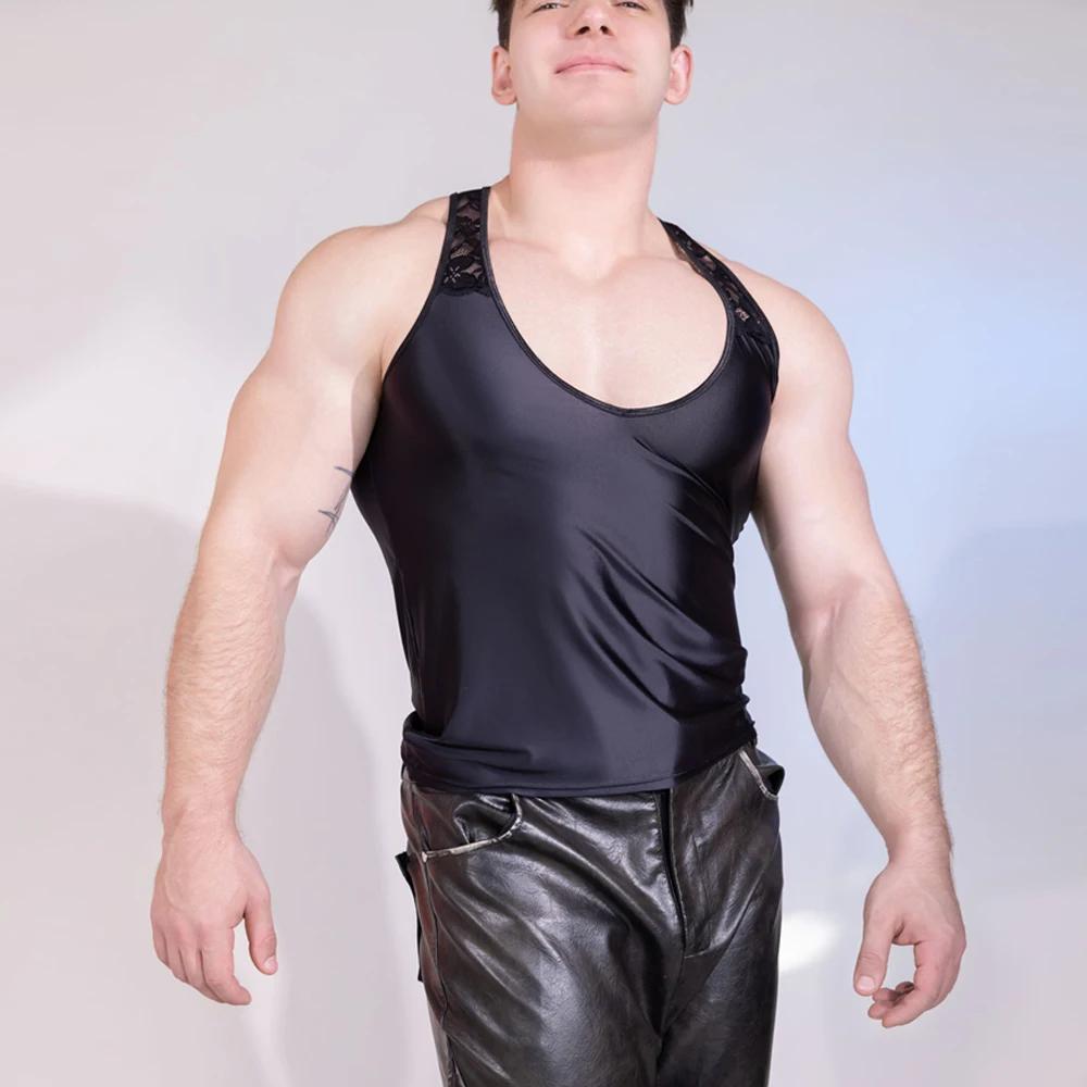 Sexy Men Lace Tank Top Oil Glossy Shiny Vest Mesh Sheer See Through Thong Stain Smooth Tights Elastic Shaper Top T-Shirt