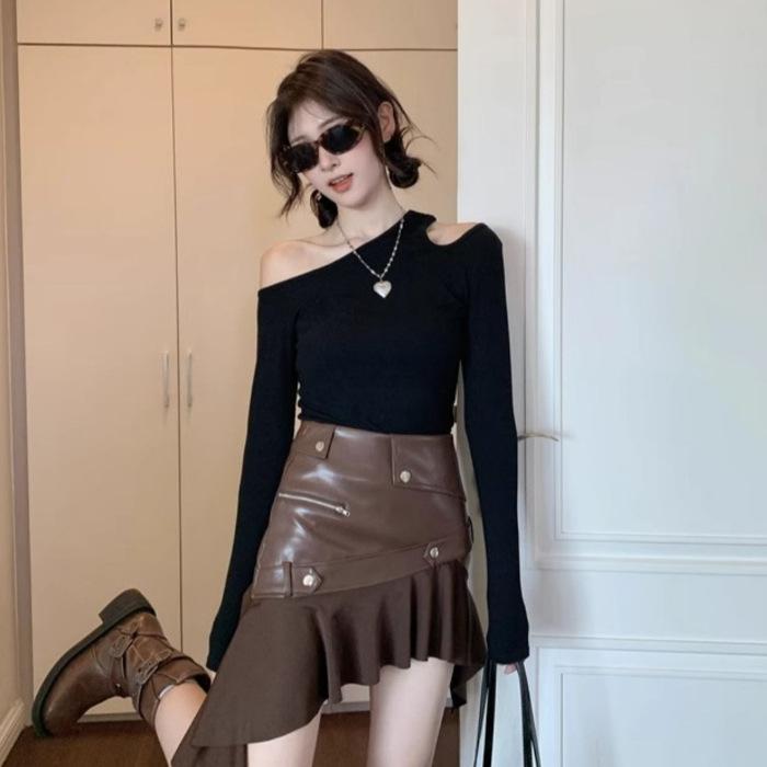 260G modal, Spice Girl black slanted shoulder bottoming shirt women s autumn sexy off-the-shoulder short top chic S