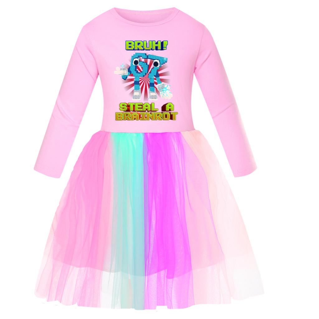 5194 Kinder Mädchen Steal a Brainrot 67 Six Seven Print Mesh Regenbogen Rundhals Lässig Lässig Baumwollkleid