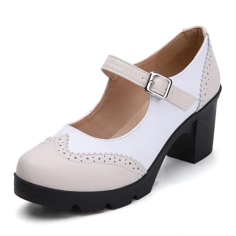 New Women Genuine Leather Buckle Strap Mary Janes Platform Shoes Woman Pumps High Heels Dress Shoes Retro Ladies Wedding Shoes