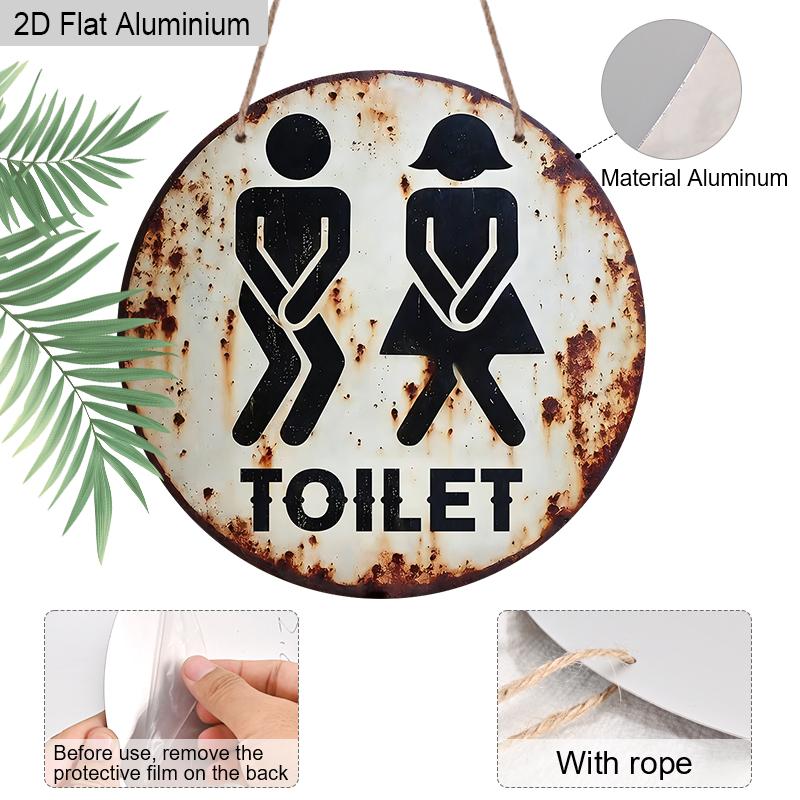 2D Flat Round Vintage Toilet Aluminum Sign, Male & Female Icons Bathroom Wall Decor for Home Office Public Restrooms