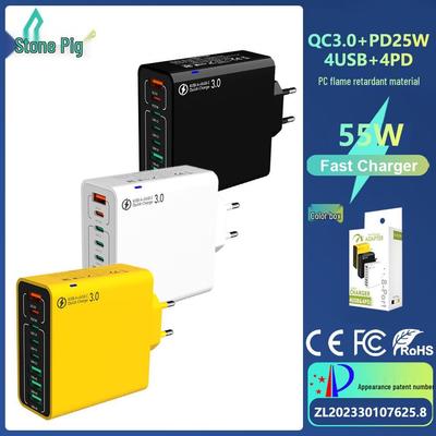 PD 55W 8-Port Schnellladegerät: 4 USB, 4 PD, QC3.0, EU/US/KR Standard