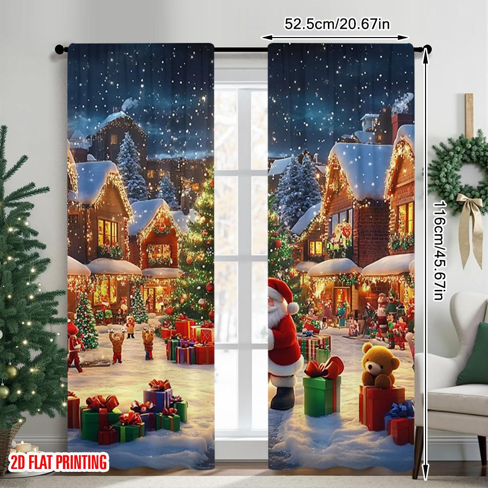 Set Of 2 Flat Printing Christmas Curtain Village Versatile Durable Polyester Without Electricity Festive Holiday Use