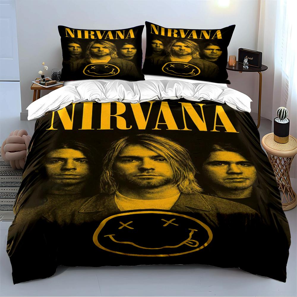 Set Biancheria da Letto Stampato Banda Nirvana Set Biancheria da Letto Nero (1 copripiumino, 2 federe, piumino non incluso)