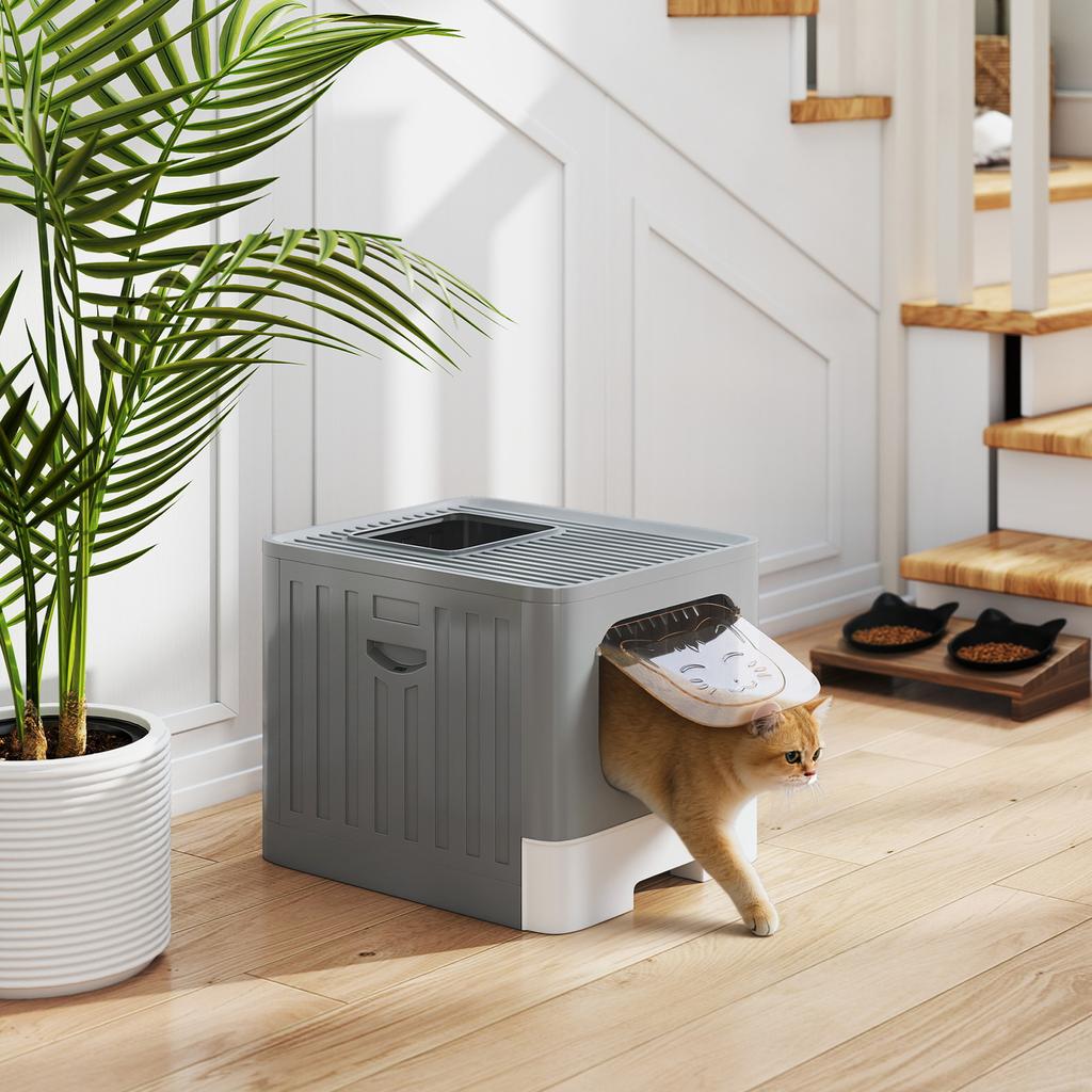 Cat Litter Box, Sliding Drawer, Lid, 2 Adjustable Doors, Detachable Scoop, 48 x 38 x 38.5 cm, Grey
