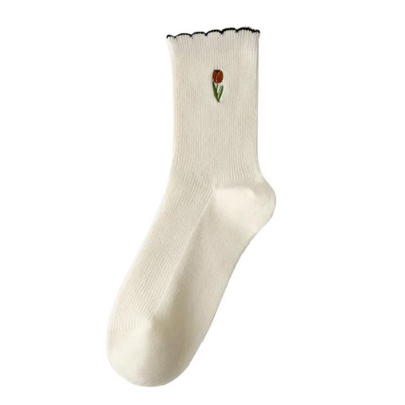 3 Pairs of Women's Socks Set Spring and Summer Thin Breathable Ruffle Edge Socks All Cotton Cute Women's White Printed Socks