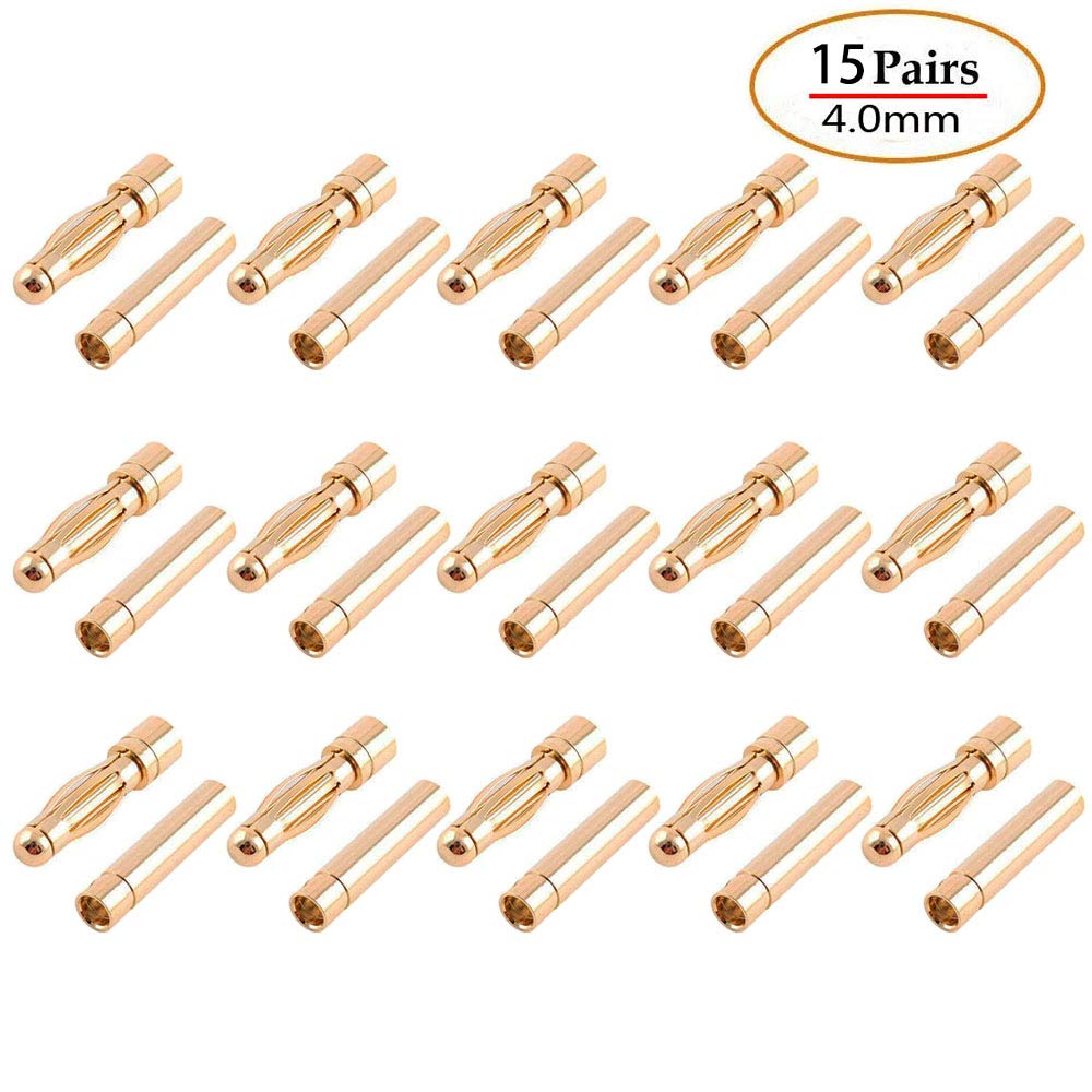 GTIWUNG 15 Pairs 4mm Gold Bullet RC Lipo Banana Connector Plugs