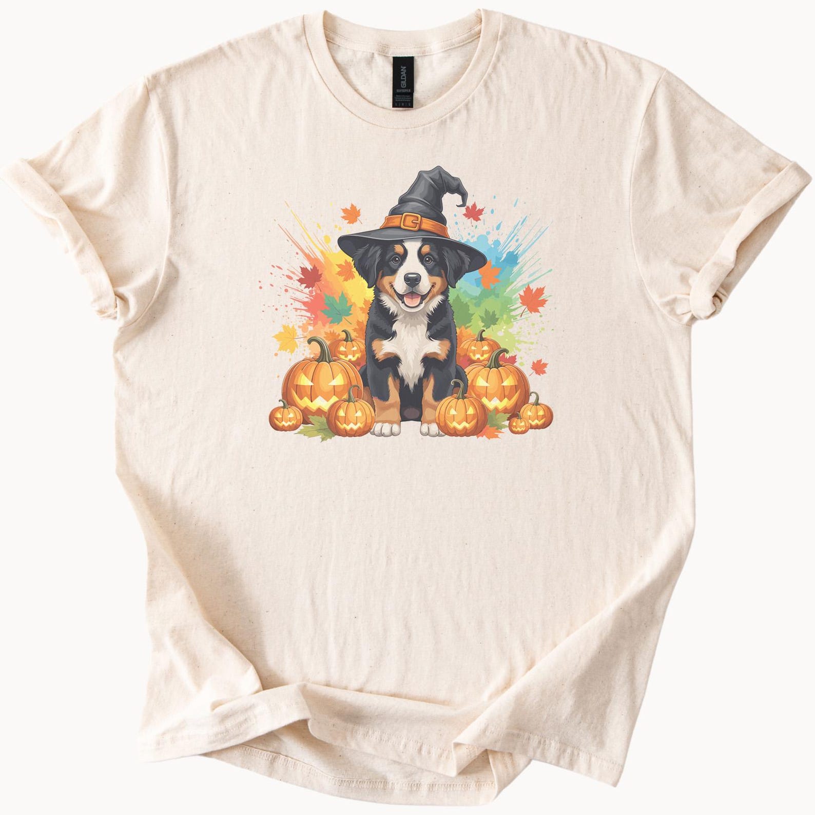 Halloween Bernese Mountain Dog Shirt Witch Hat Pumpkin Fall Leaves Autumn Graphic Tee Colorful Pet Lover Gift 140