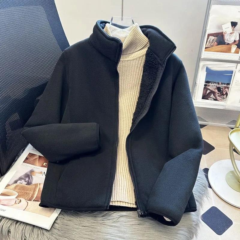 Fashion Polar Fleece Sweatshirt Women's Stand-up Collar Short Coat Autumn Winter Zipper-up Thicken Jacket Lady Warm Tops