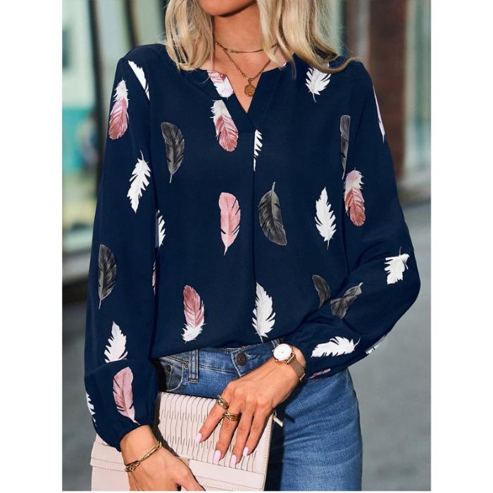 Mode Damen Temperament Elegant V-Ausschnitt Bluse Langarm Feder Malerei Gedruckt Locker Elegant Chiffon Glockenärmel T-Shirt