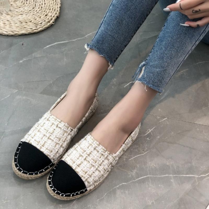 Women's Cloth Shoes Fashion Strip Plaid Tweed Straw Shoes Retro Flax Espadrilles Female Flats Slip-on Loafers Beach Casual Shoes