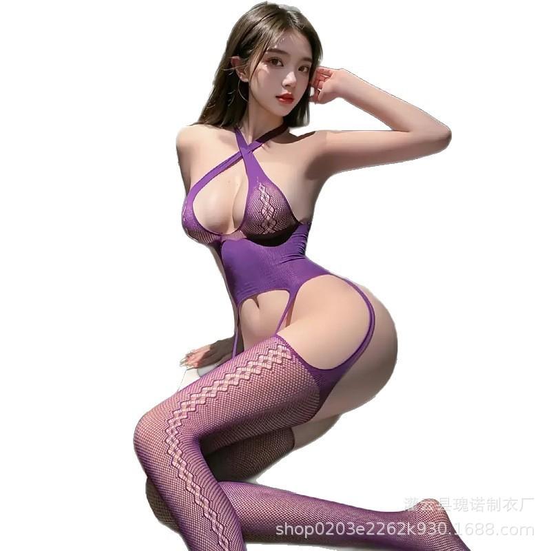 Large size new sex underwear purple charm onesie neck fishing net socks sexy temptation sex underwear