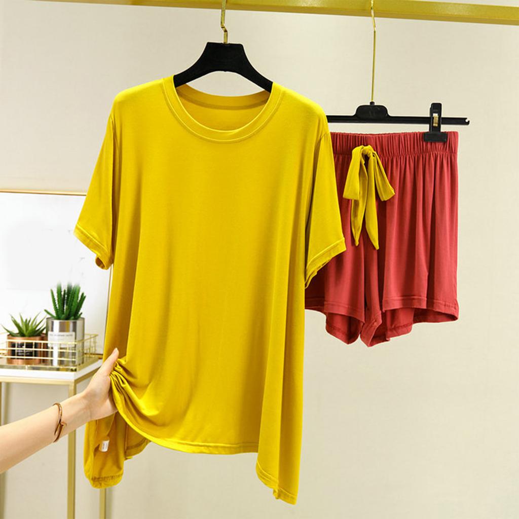 Women's Loose Casual Round Neck Short Sleeved T-shirt Shorts Set Solid Color Pajamas