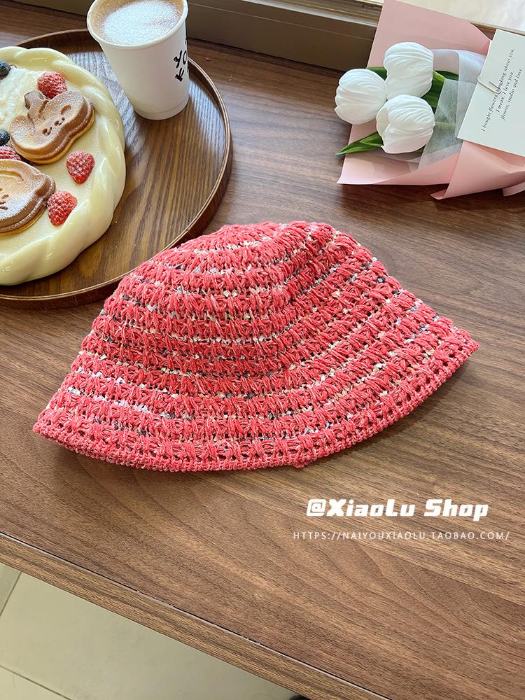 Hand woven straw hat bucket hat women's light hollow basin hat big brim sunshade sunscreen bucket hat