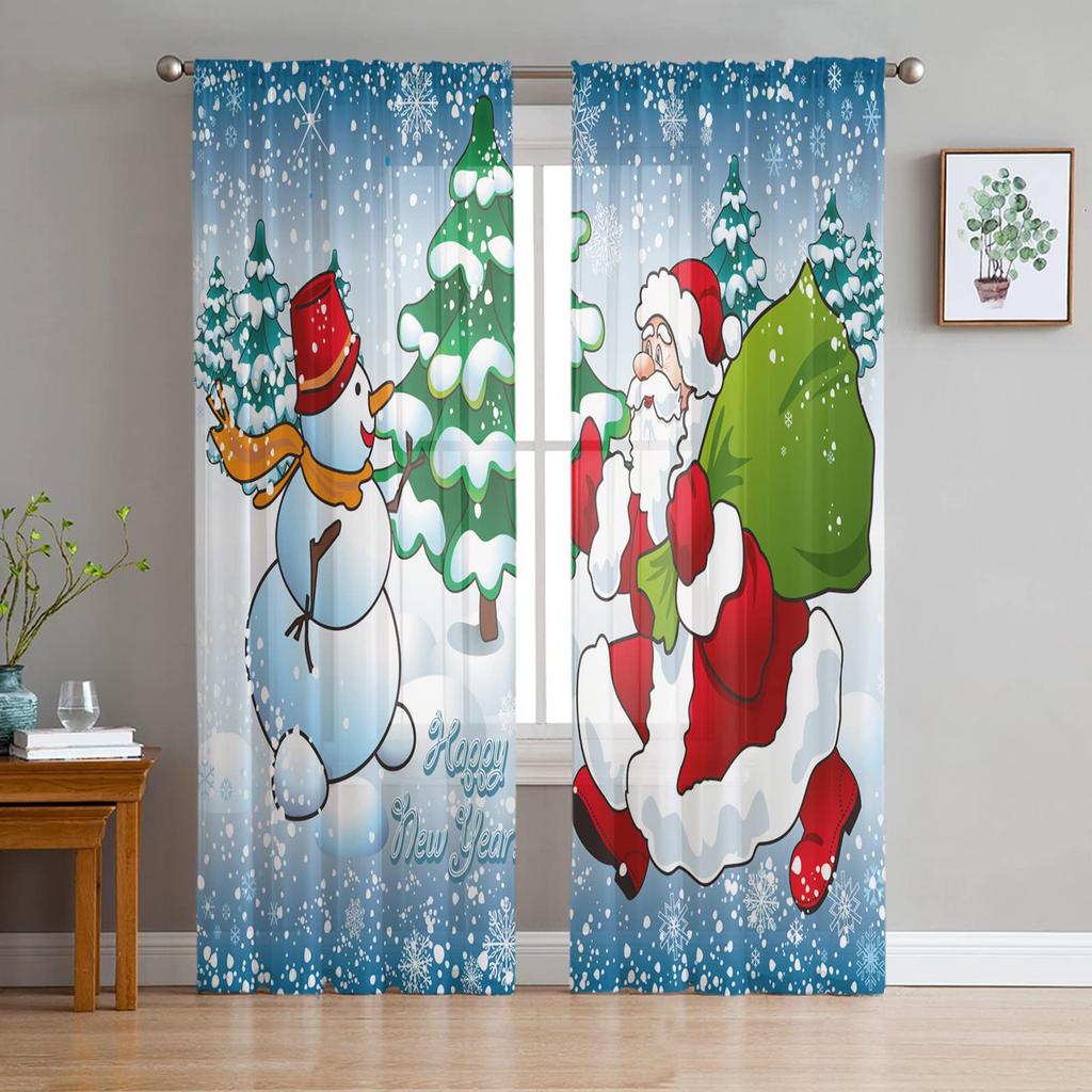 Christmas Curtain Bedroom Living Room Cafe Xmas Santa Claus Chiffon Voile Window Drapes Treatments Light Filtering Polyester Ideal For Great