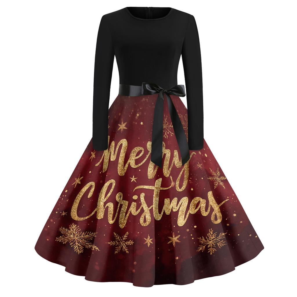 Women's Casual Fashion Round Neck Christmas Printed Vintage Dress