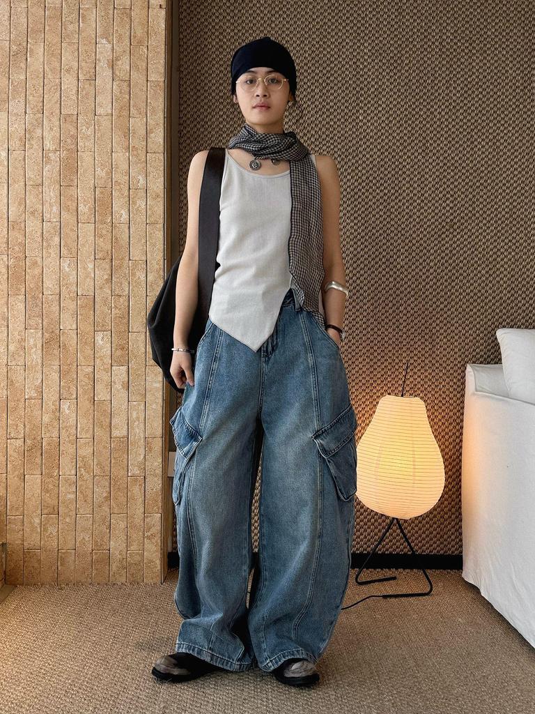 Women's 3D Patchwork Cargo Jeans with Large Pockets - Loose Wide-Leg Style for Spring/Summer Streetwear