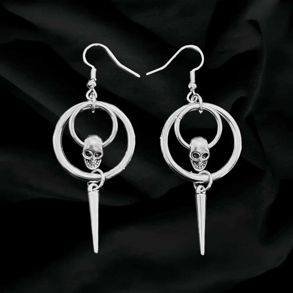 Punk Gothic Long Rivet Tassels Skull Double O-shaped Ring Dangle Earrings for Women Halloween Party Alternative Jewelry Gifts