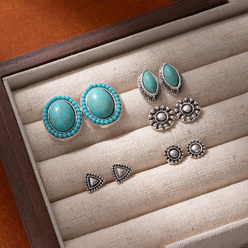 Vintage Ethnic Wind Turquoise Flower Earrings Carved Inlaid Turquoise Square Ear Needles Female Bohemian Ethnic Wind