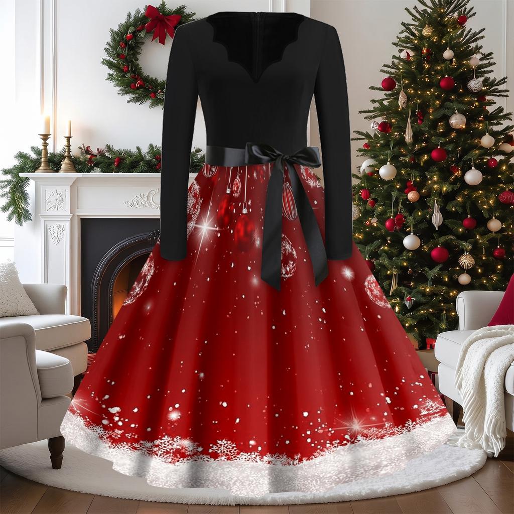 Women's Vintage Christmas Print V-Neck Long Sleeve Casual Dress