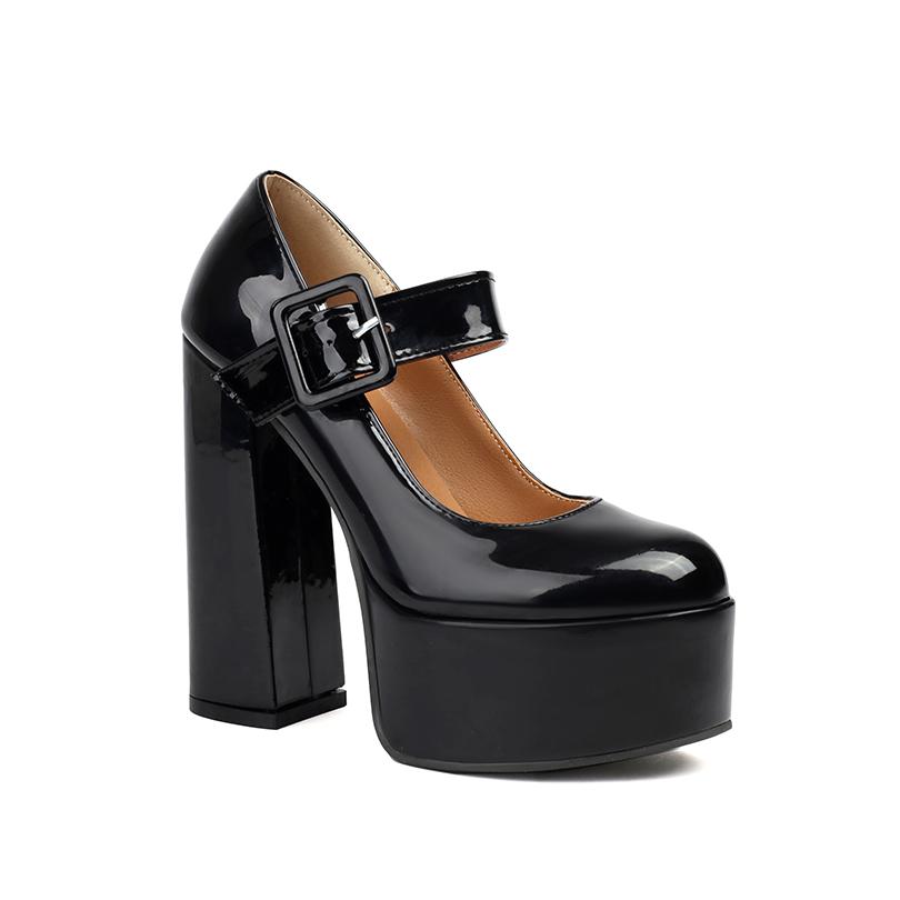 Platformă Înaltă Toc Foarte Înalt Gros Piele Lăcuită Lucioasă Cataramă Pătrată Pantofi cu Toc Înalt pentru Femei Respirabili cu Decolteu Mic