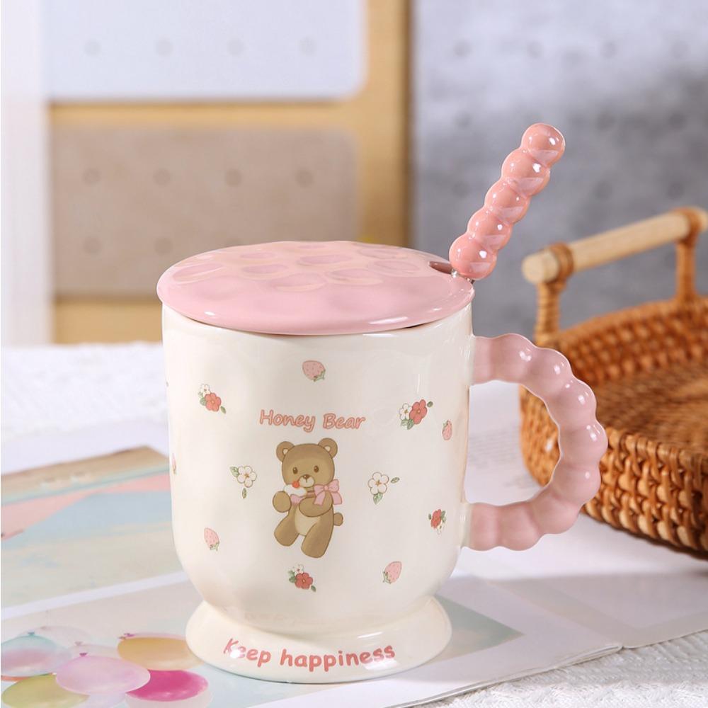 Cute pink bear ceramic mug with lid birthday gift household drinking water high value water cup souvenir gift girl