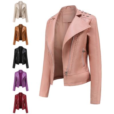 Women's Beaded Leather Jacket, Women's Long-sleeved Fashion Jacket, Lapel Motorcycle Jacket, Thin Spring and Autumn Jacket for Women