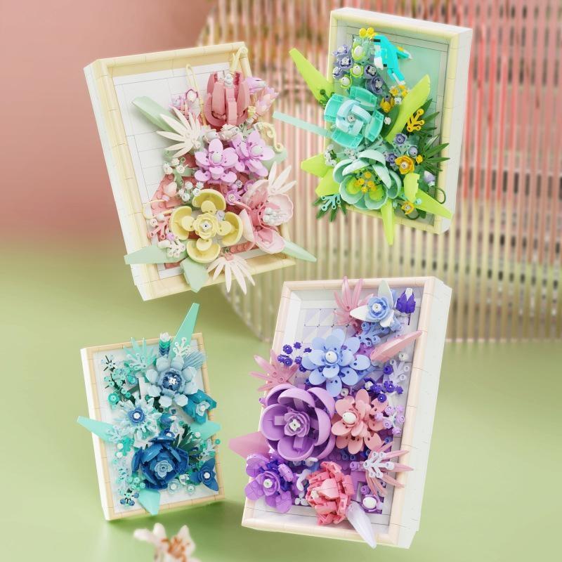 Creative 3D Rose Bundle Eternal Flower Frames Building Blocks DIY Desktop Decoration Puzzle Toys