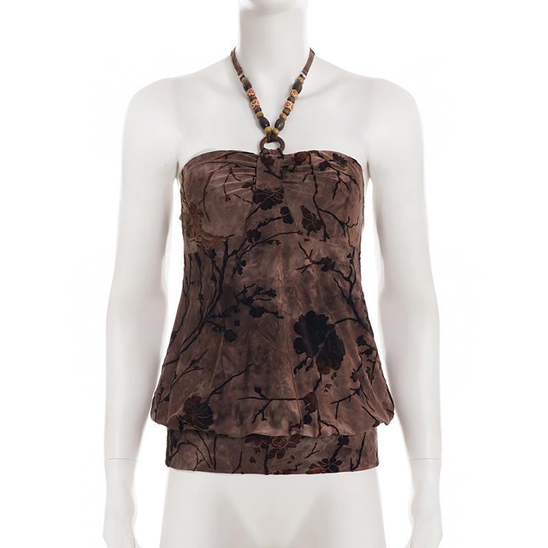 Retro Print Beaded Halter Crop Top for Women - Vintage Slim Fit