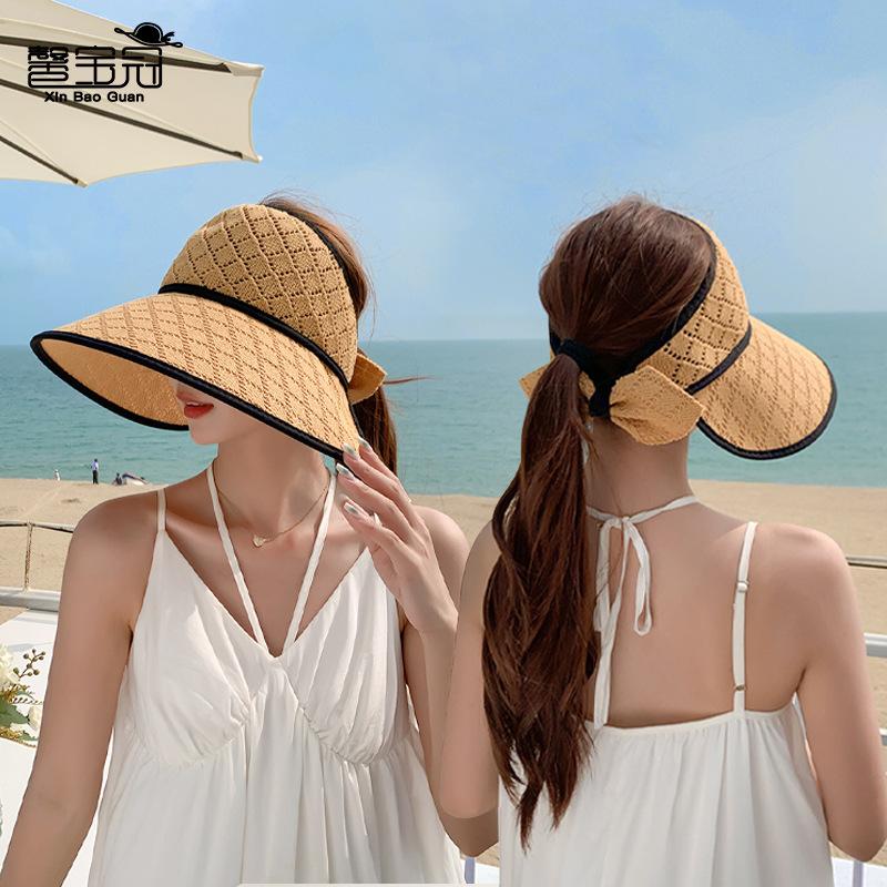 8545 Summer outdoor sunscreen hat children's fashion versatile bow sun hat big brim can tie ponytail empty top hat