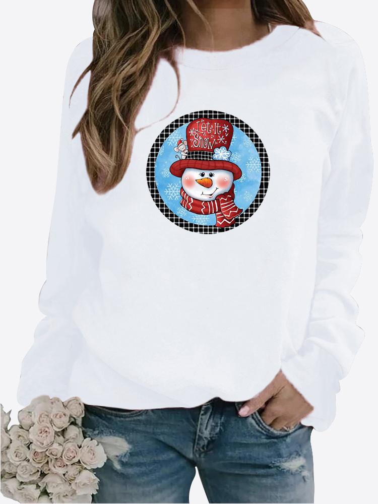 Blusa feminina de outono e inverno com decote redondo, moda casual, cor sólida, manga comprida, estampa de boneco de neve, camiseta solta, tops