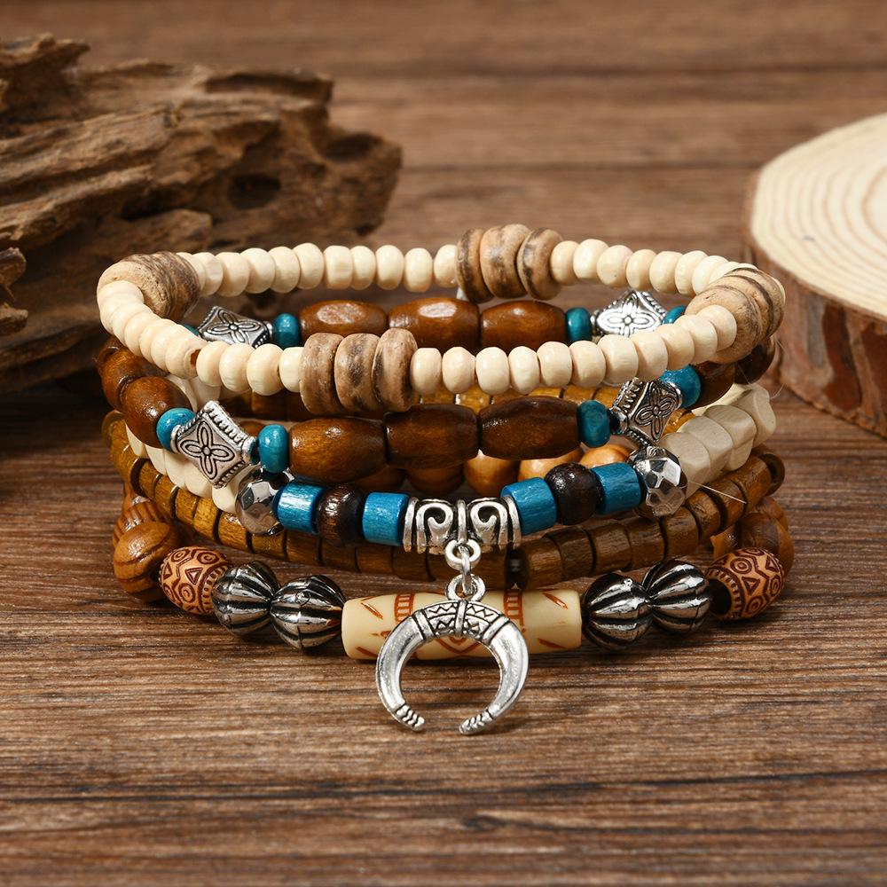 Turquoise Beaded Multi-layer Elastic Cord Wooden Bead Bracelet Set for Women