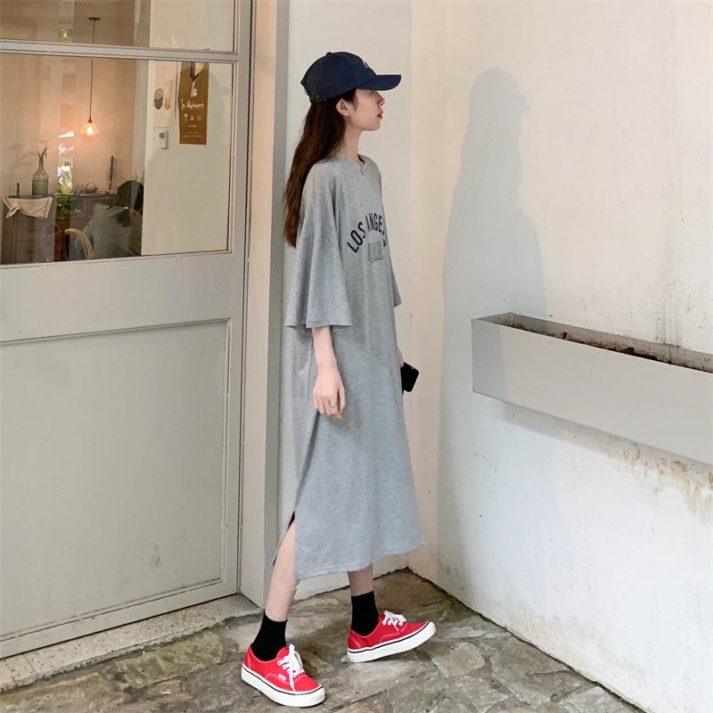 Women's Korean Style Cotton Short-Sleeve Loose Casual Plus Size Long Dress for Summer Maternity and Nightwear