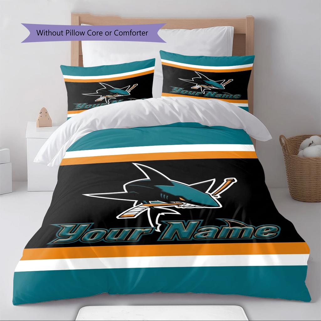 Naam Op Maat San Jose Sharks Patroon Beddengoed Set Dekbedovertrek Kussensloop Huisdecoratie Cadeau (1 dekbedovertrek + 2 kussenslopen, zonder binnenkussen)