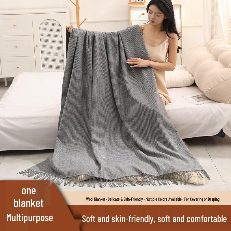 Pure Wool Tassel Shawl & Blanket - Thick, Warm, Skin-Friendly, Two-in-One Air Conditioning Blanket
