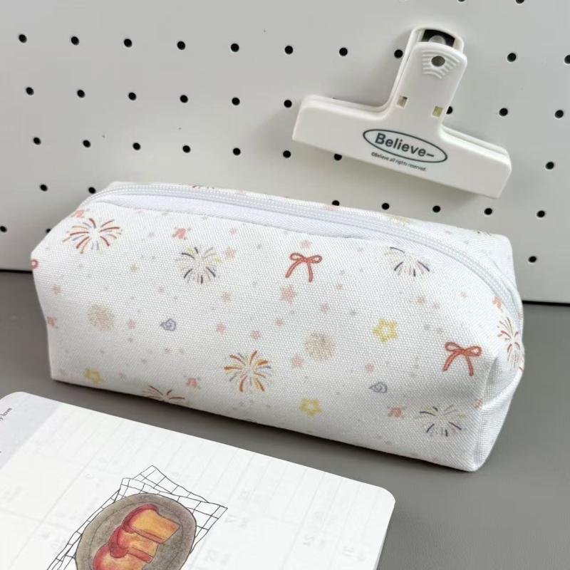 Canvas Pencil Case Polka Dot Bow Cat Star Print Sturdy Zipper Perfect For Students Daily Stationery Storage