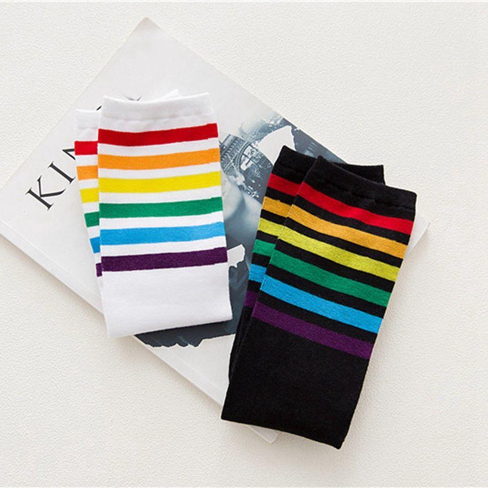 Women Knee Over Cotton Stocking Football Socks Rainbow Stripe Long Hosiery