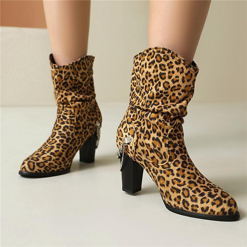 FOREADA Women Ankle Cowgirl Boots Round Toe Block High Heels Chain Pleated Wester Short Boots Ladies Fashion Shoes Autumn Winter 46