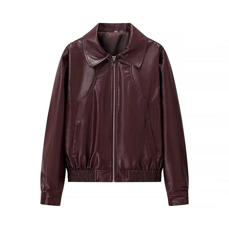 

Осенняя новая женская одежда, европейский и американский французский дизайн, модная и универсальная повседневная куртка из кожи на лацкане с молнией M бордовый