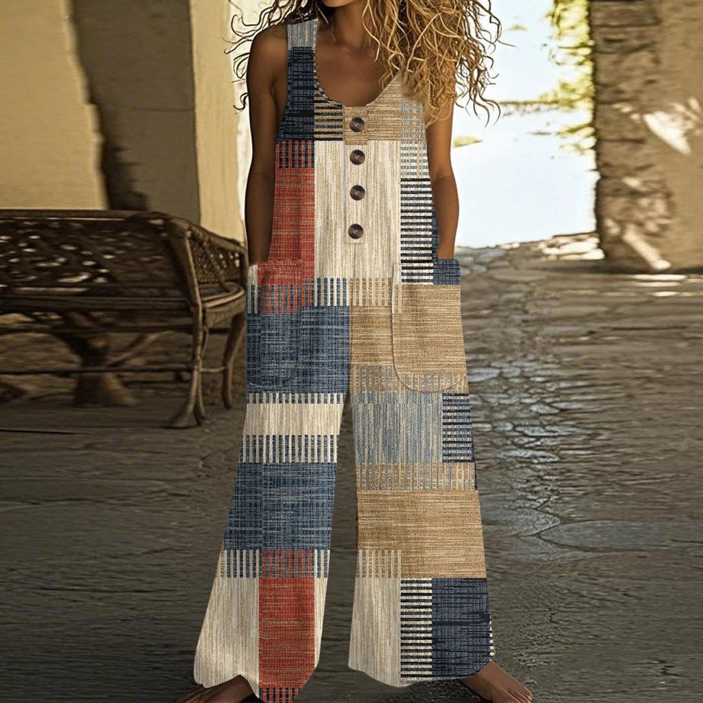 Women's Fashion Casual Button-down Sleeved Jumpsuit Retro Color Block Stitching Printed Cotton Pocket Jumpsuit