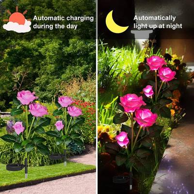 1pcs Outdoor Waterproof Solar Rose Lights with 3 Realistic Lighted Flower Heads Garden Decorative Lamp for Home Patio Decoration