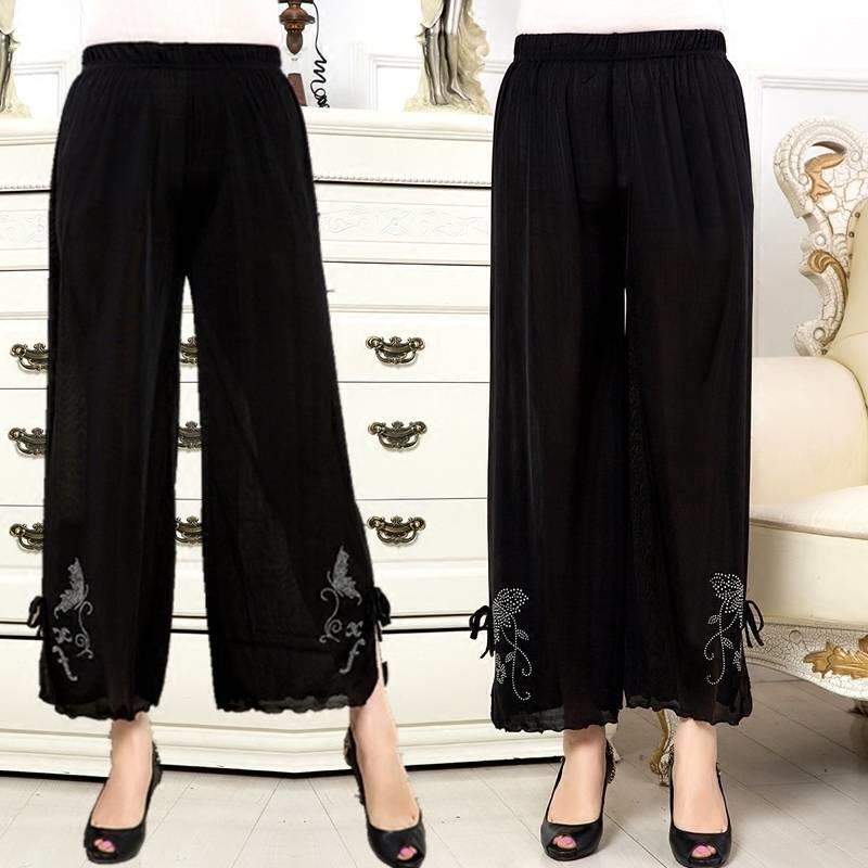 

Women s Summer Ice Silk Wide-Leg Pants - Plus Size, Loose Fit, Elastic Waist, Nine-Point for Middle-Aged and Elderly XL 50-65 kg