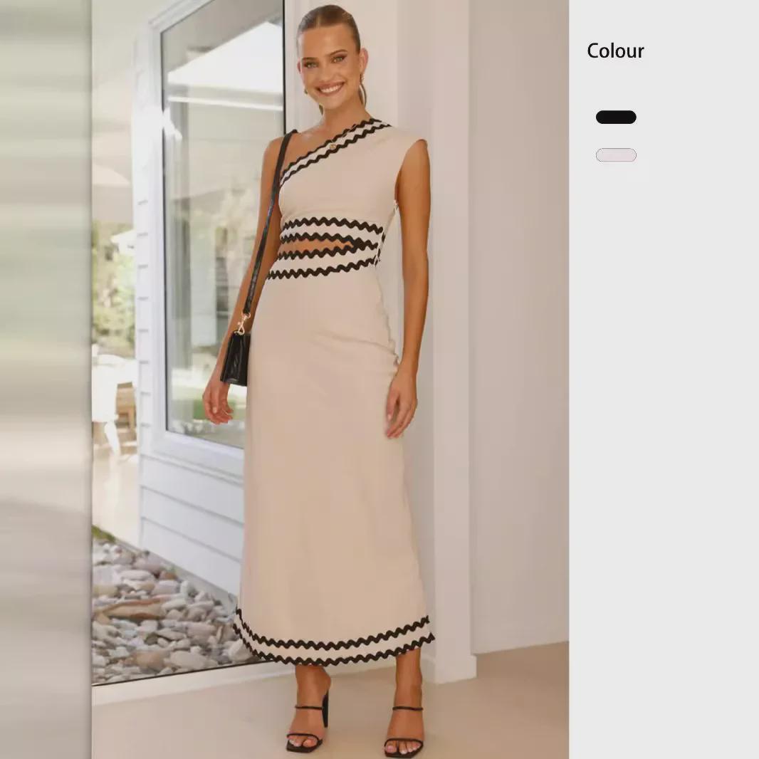 

Oblique Collar Lace Splicing Elegant Long Dress for Women - Summer 2025 Collection M
